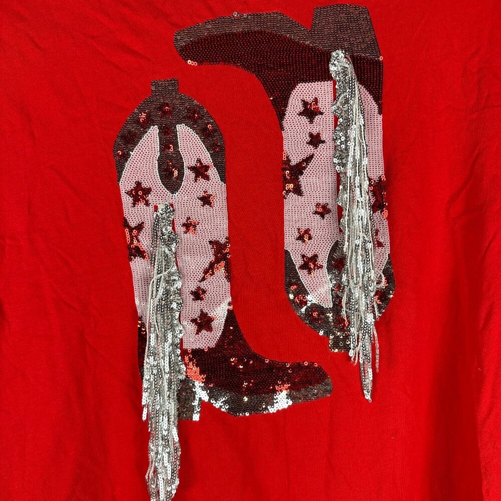 Blue B. Collection Poppy Red T-Shirt With Sequin Cowboy Boots Design Size M